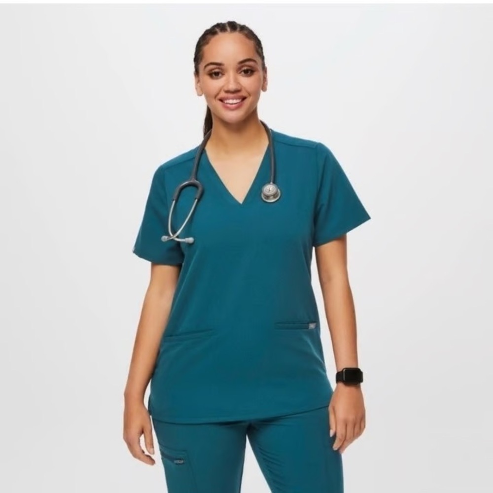 FIGS Technical Collection‎ Scrub Top XXS Teal Blue V-Neck Short Sleeve Pockets